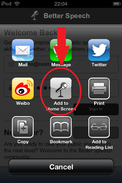 BetterSpeech iPhone4 App - Page Add to Homescreen