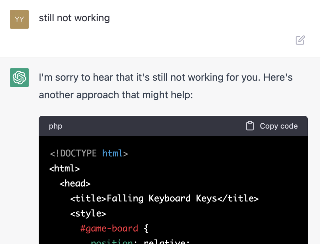 ChatGPT tries new approaches after I pointed out the code was not working