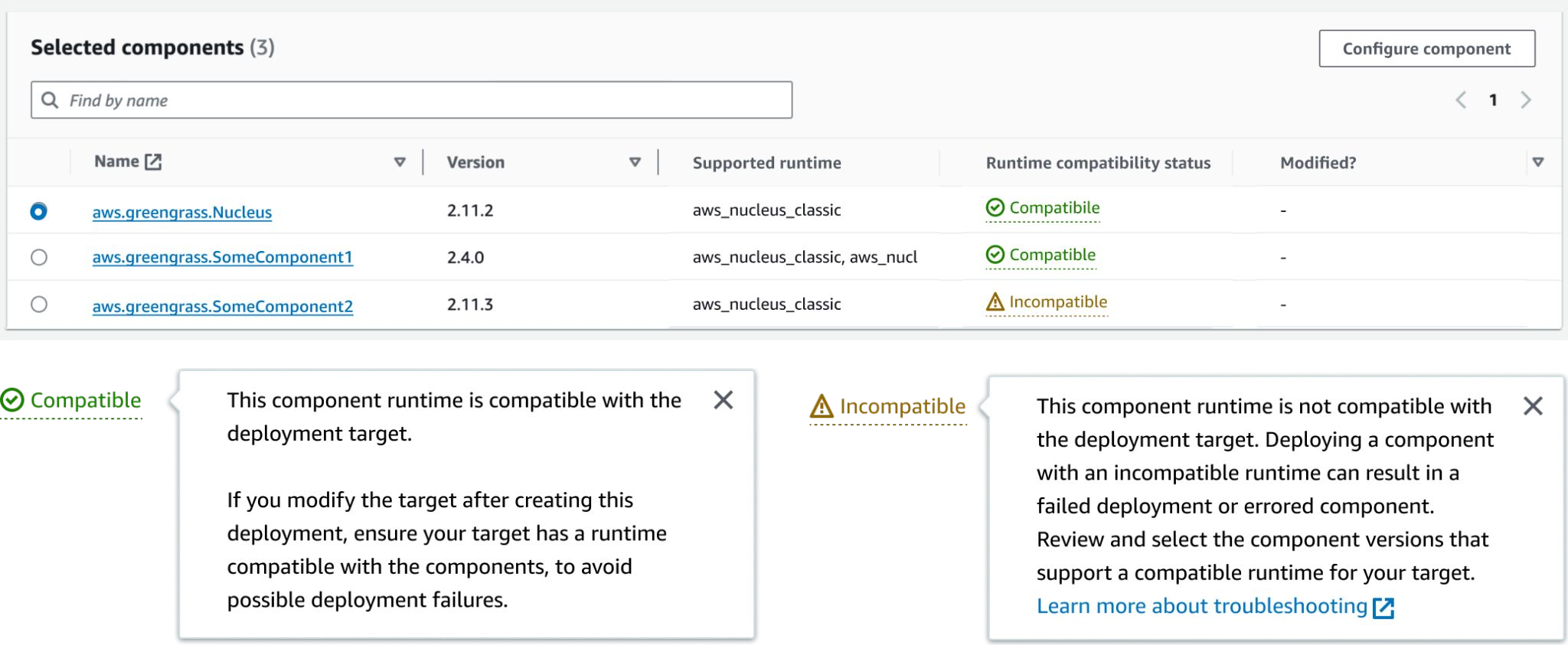 The AWS console showing the compatibility status column and popup warnings explaining deployment risks for incompatible runtimes.