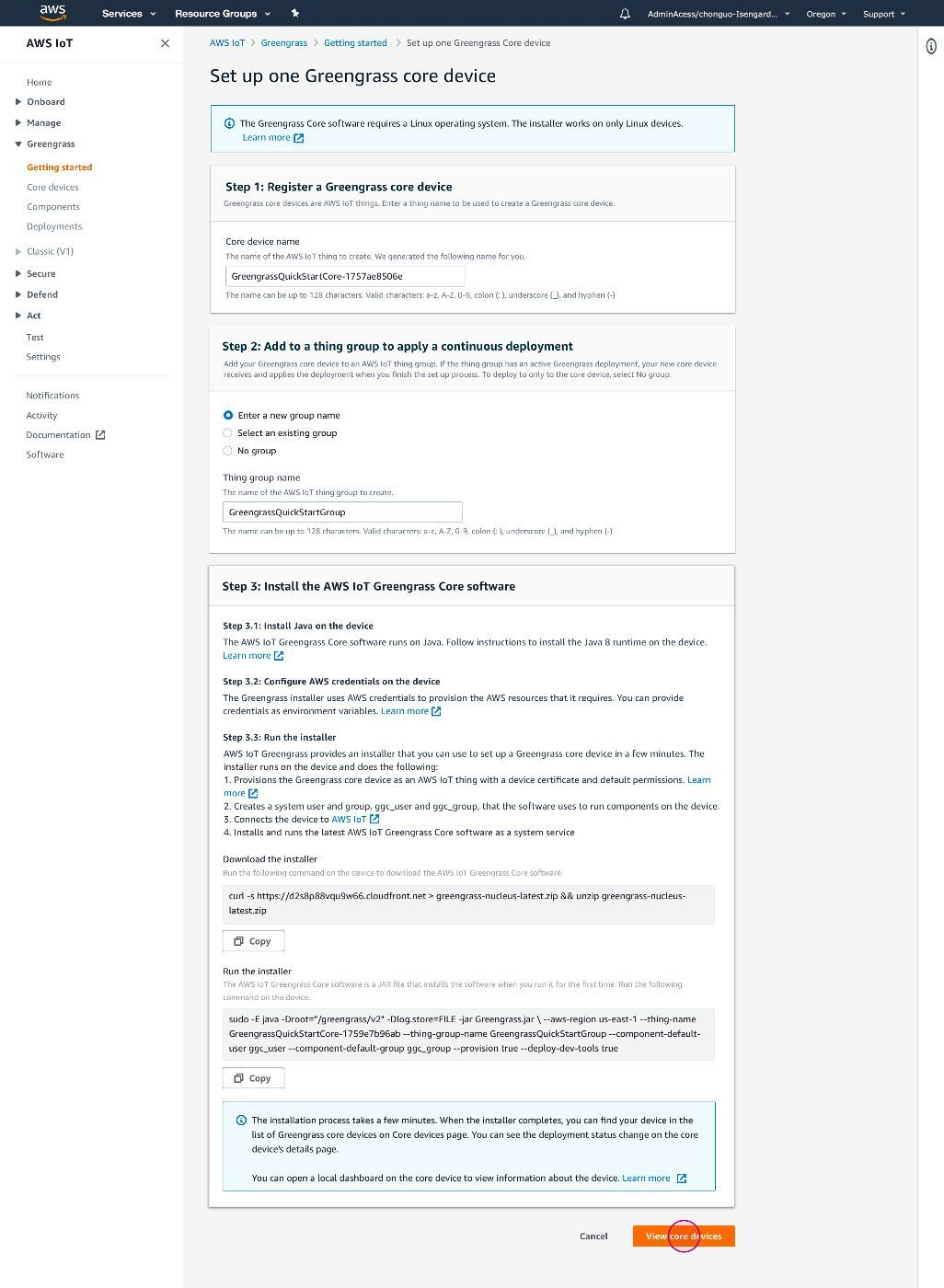 The final AWS console showing the decoupled navigation sidebar (Core devices, Components, Deployments) and the hybrid script-based device setup flow.