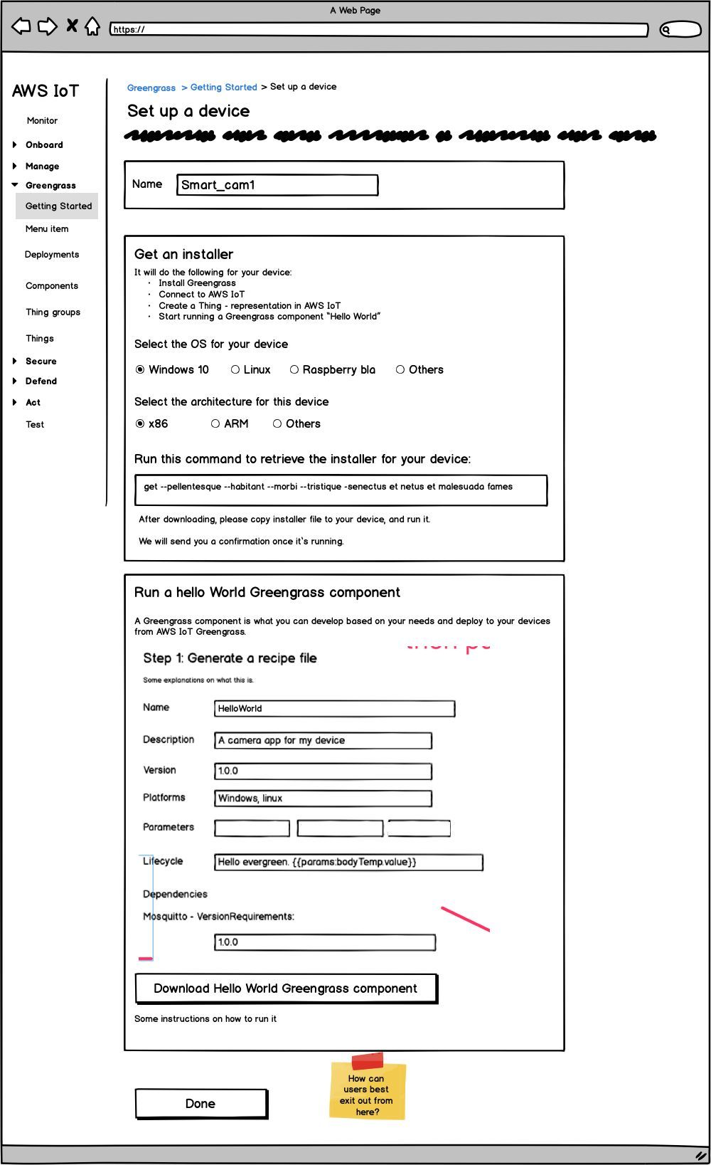 The early full-UI wireframe that failed: a single browser page trying to configure local device operations.
