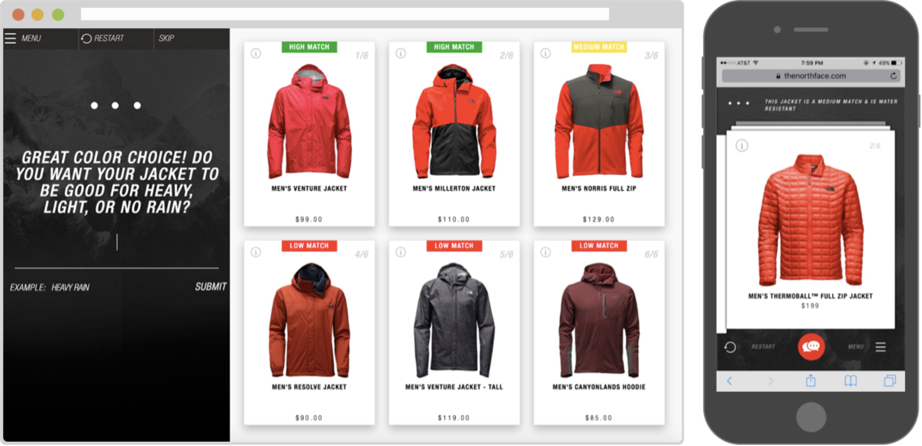 The shipped assistant on The North Face: a conversational question with jacket recommendations, each labeled a high, medium, or low match so shoppers can calibrate trust.